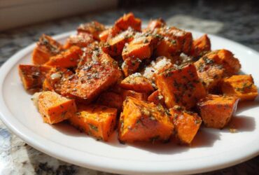 Close-up of roasted sweet potatoes cubes topped with herbs and Parmesan cheese, ready to eat.