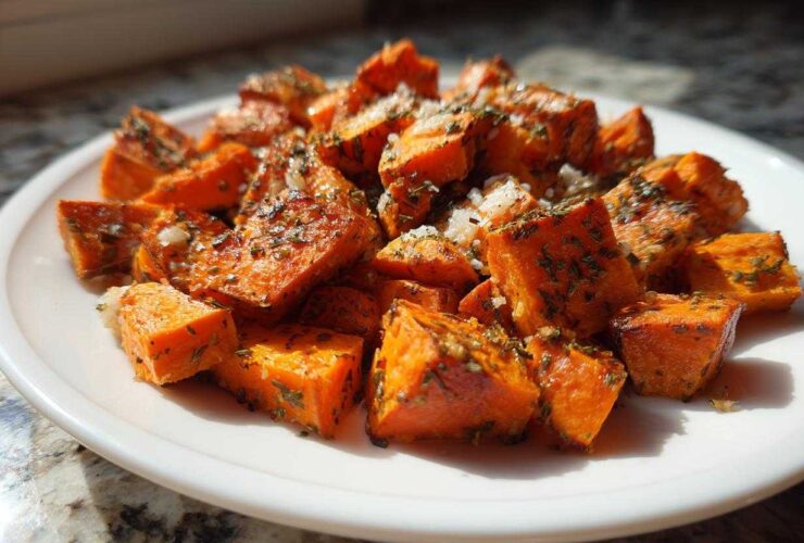 Close-up of roasted sweet potatoes cubes topped with herbs and Parmesan cheese, ready to eat.