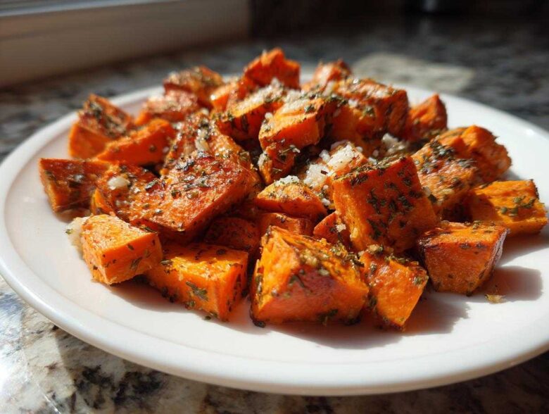 Close-up of roasted sweet potatoes cubes topped with herbs and Parmesan cheese, ready to eat.