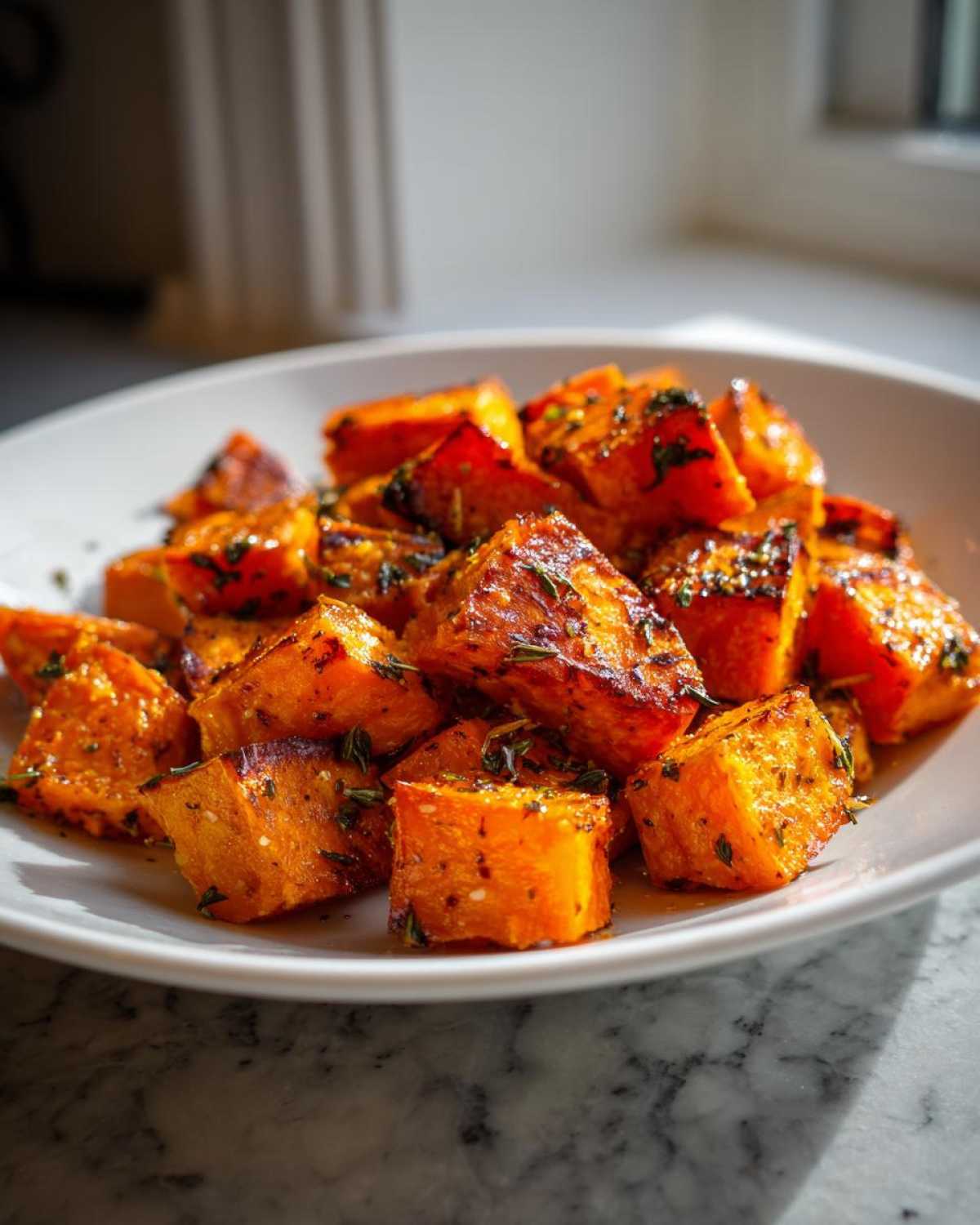 Close-up of perfectly roasted Garlic Parmesan Roasted Sweet Potatoes cubes sprinkled with herbs in a white bowl.