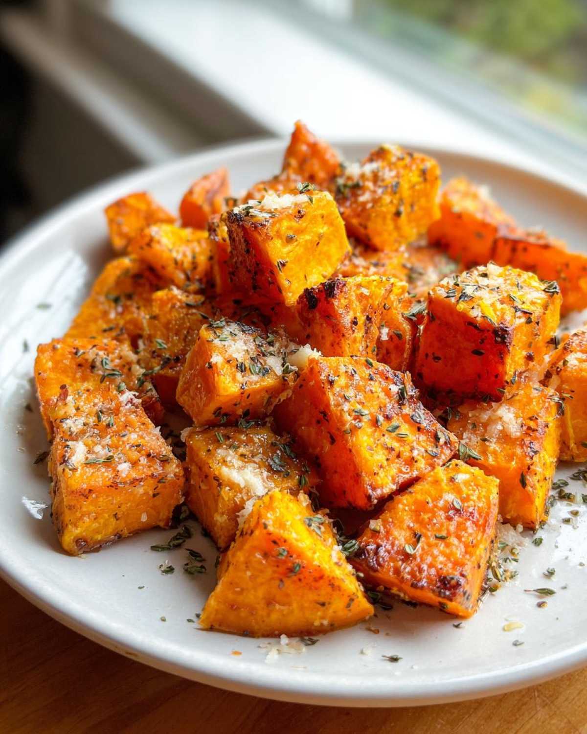 Close-up of perfectly roasted Garlic Parmesan Roasted Sweet Potatoes cubes sprinkled with herbs and cheese.