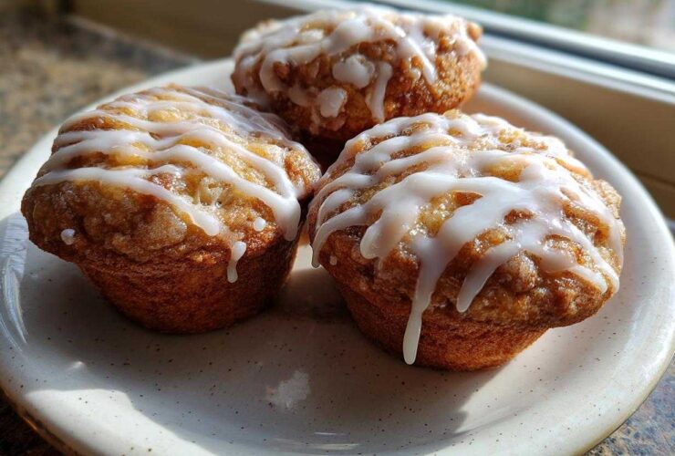 Three freshly baked Apple Fritter Muffins drizzled with white glaze, sitting on a speckled ceramic plate near a window.