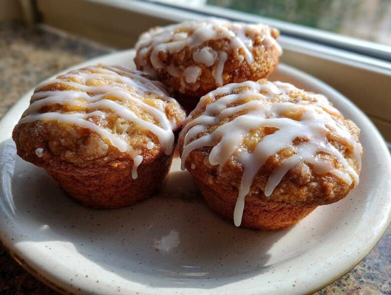 Three freshly baked Apple Fritter Muffins drizzled with white glaze, sitting on a speckled ceramic plate near a window.