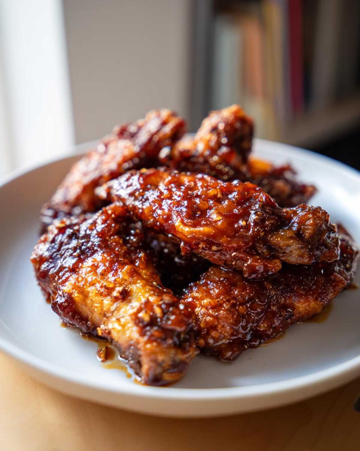 Close-up of sticky, glazed Honey Garlic Chicken wings piled on a white plate, glistening under soft light.