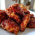 A close-up of crispy, glazed Honey Garlic Chicken wings piled high on a white plate, glistening with sauce.