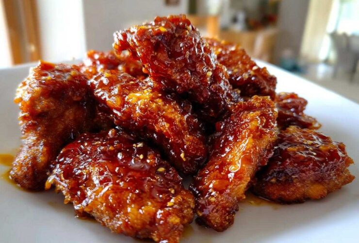 A close-up of crispy, glazed Honey Garlic Chicken wings piled high on a white plate, glistening with sauce.
