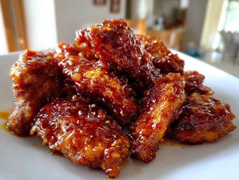 A close-up of crispy, glazed Honey Garlic Chicken wings piled high on a white plate, glistening with sauce.