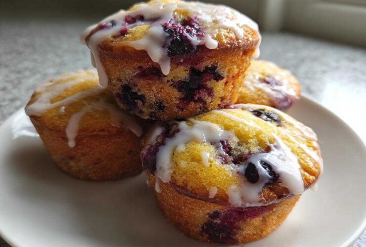 A stack of four golden Lemon Blueberry Muffins topped with a thick white lemon glaze.