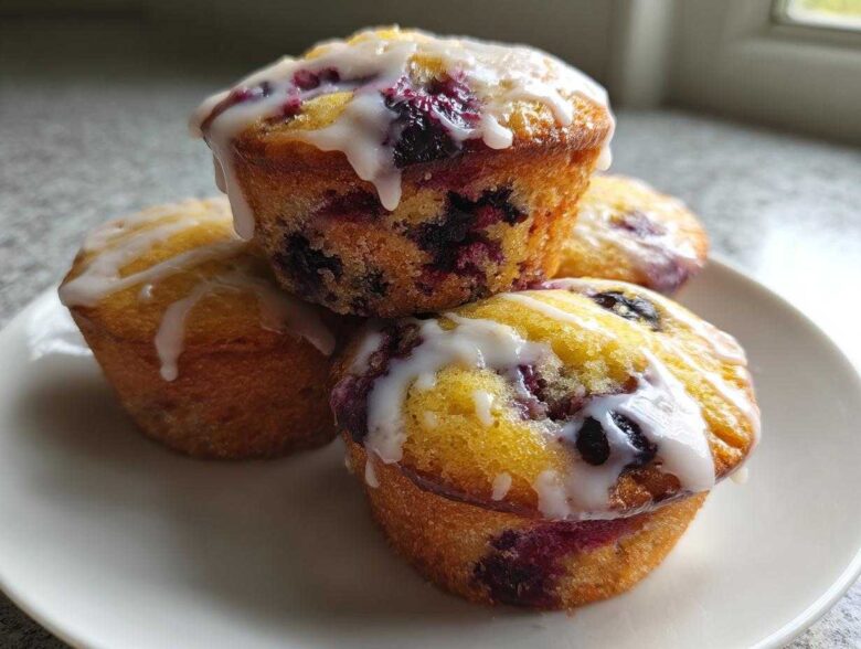 A stack of four golden Lemon Blueberry Muffins topped with a thick white lemon glaze.