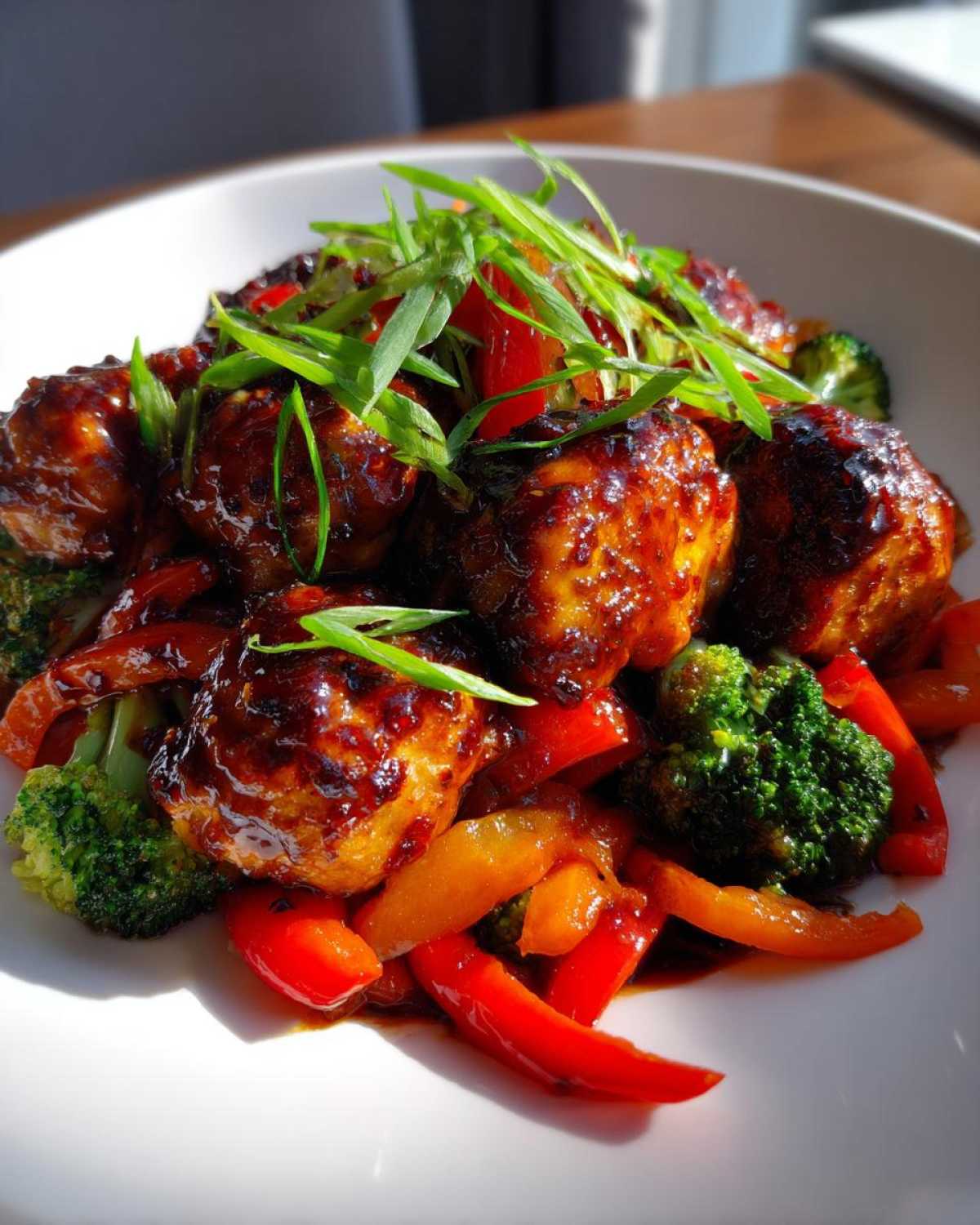 Close-up of glazed potsticker stir fry featuring browned potstickers, bright red and orange peppers, broccoli florets, and scallion garnish.