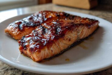 Two perfectly cooked, glazed fillets of Texas Roadhouse Salmon resting on a white plate.
