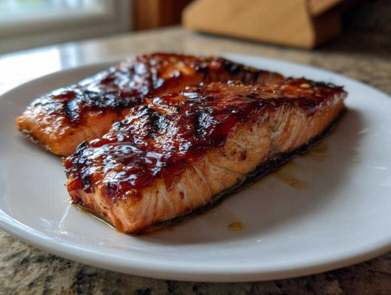 Two perfectly cooked, glazed fillets of Texas Roadhouse Salmon resting on a white plate.