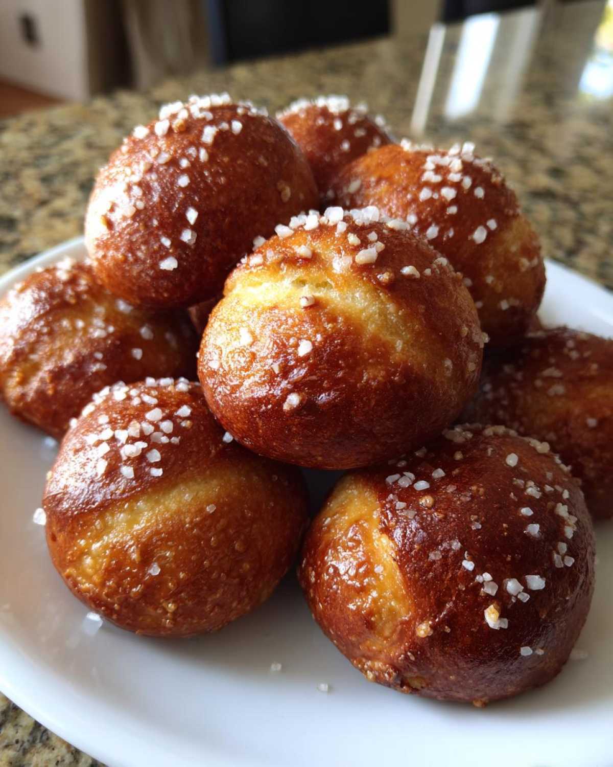 A close-up stack of freshly baked Pretzel Bites, featuring a deep brown, shiny crust topped with coarse salt crystals.