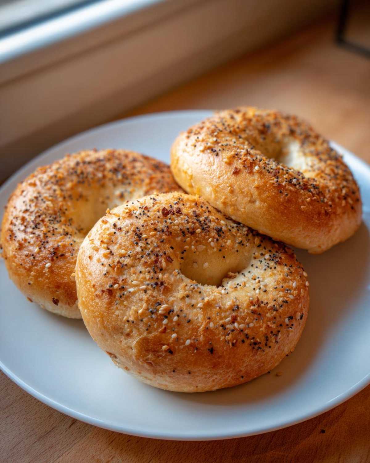 Three golden-brown everything bagels, made with Greek yogurt, stacked on a white plate.