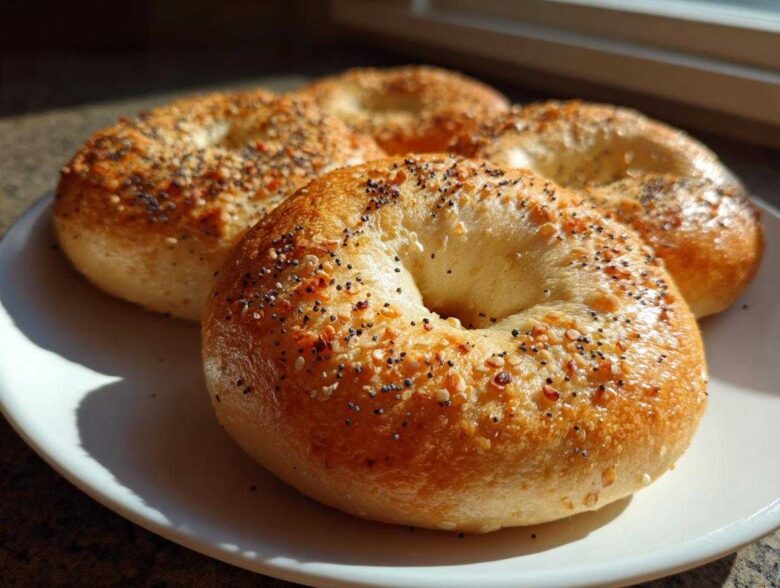 Three golden brown Greek Yogurt Bagels topped with everything seasoning sitting on a white plate.