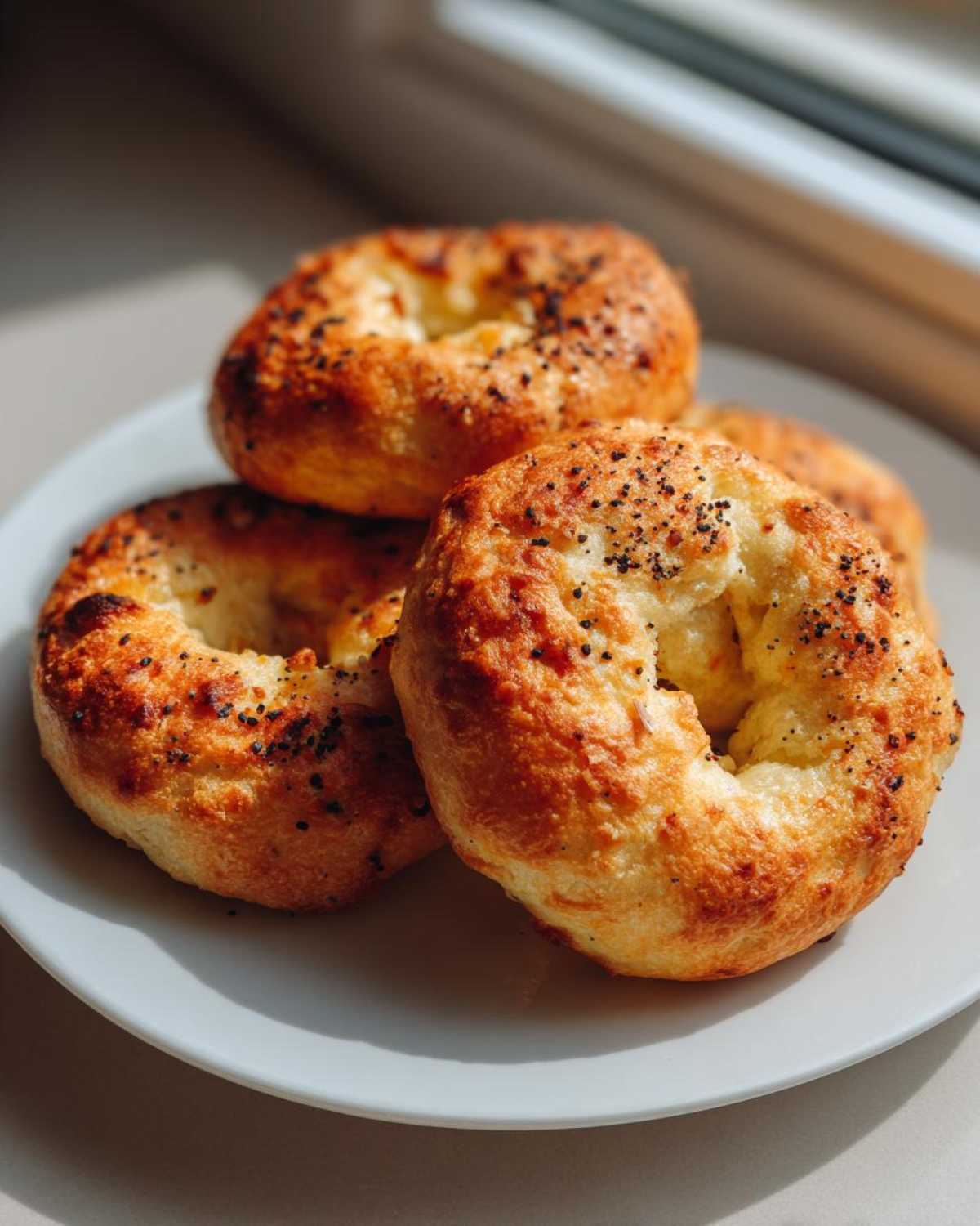 Four golden-brown Greek Yogurt Bagels sprinkled with poppy seeds resting on a white plate.