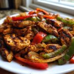 Close-up of seasoned, grilled chicken fajitas mixed with sautéed red and green bell peppers and onions on a white plate.