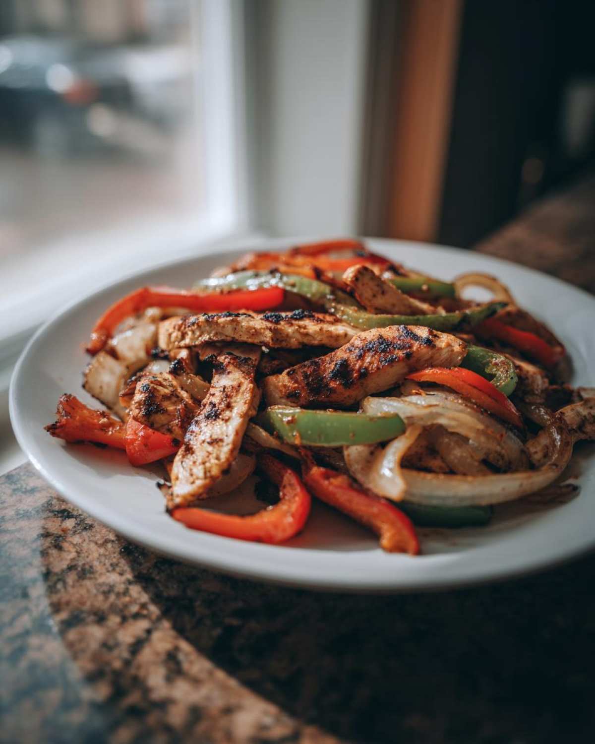 Close-up of perfectly seasoned Grilled Chicken Fajitas featuring sliced grilled chicken, red and green bell peppers, and onions on a white plate.