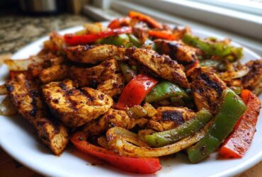 Close-up of seasoned, grilled chicken fajitas mixed with sautéed red and green bell peppers and onions on a white plate.