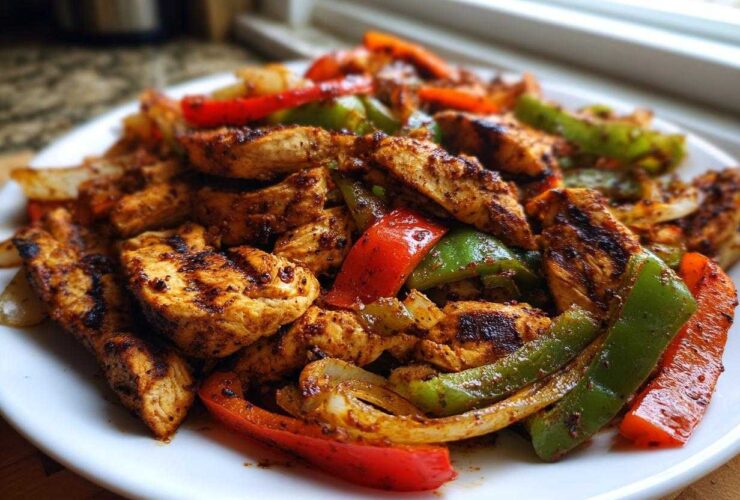 Close-up of seasoned, grilled chicken fajitas mixed with sautéed red and green bell peppers and onions on a white plate.