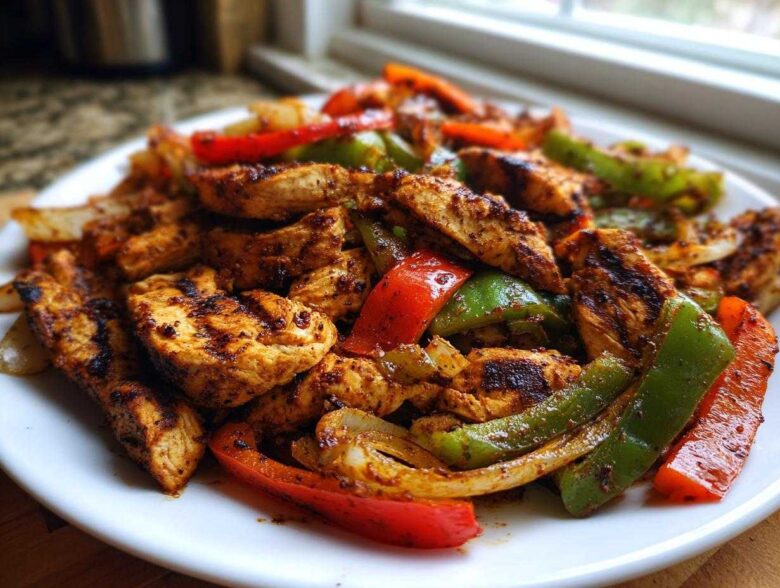 Close-up of seasoned, grilled chicken fajitas mixed with sautéed red and green bell peppers and onions on a white plate.