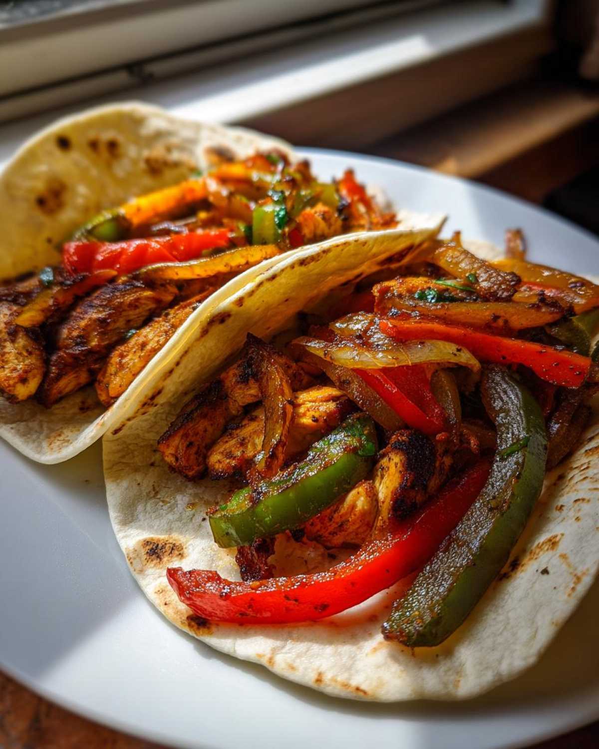 Close-up of two soft tortillas filled with seasoned grilled chicken, red, green bell peppers, and onions for amazing Grilled Chicken Fajitas.