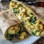 Close-up of a High-Protein Breakfast Wrap cut in half, showing scrambled eggs, tofu or cheese, and wilted spinach inside a whole wheat tortilla.