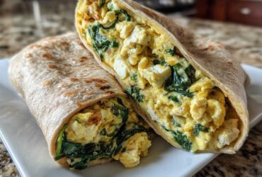 Close-up of a High-Protein Breakfast Wrap cut in half, showing scrambled eggs, tofu or cheese, and wilted spinach inside a whole wheat tortilla.
