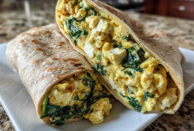 Close-up of a High-Protein Breakfast Wrap cut in half, showing scrambled eggs, tofu or cheese, and wilted spinach inside a whole wheat tortilla.