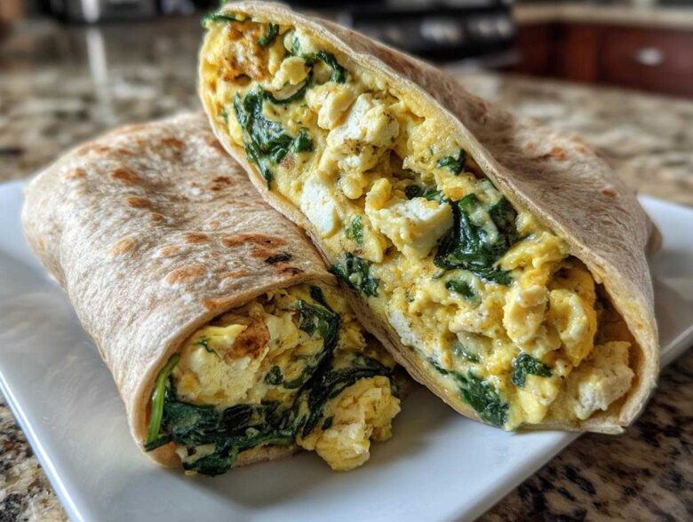 Close-up of a High-Protein Breakfast Wrap cut in half, showing scrambled eggs, tofu or cheese, and wilted spinach inside a whole wheat tortilla.