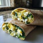 Two halves of a High-Protein Breakfast Wrap filled with scrambled eggs, spinach, and white cheese.