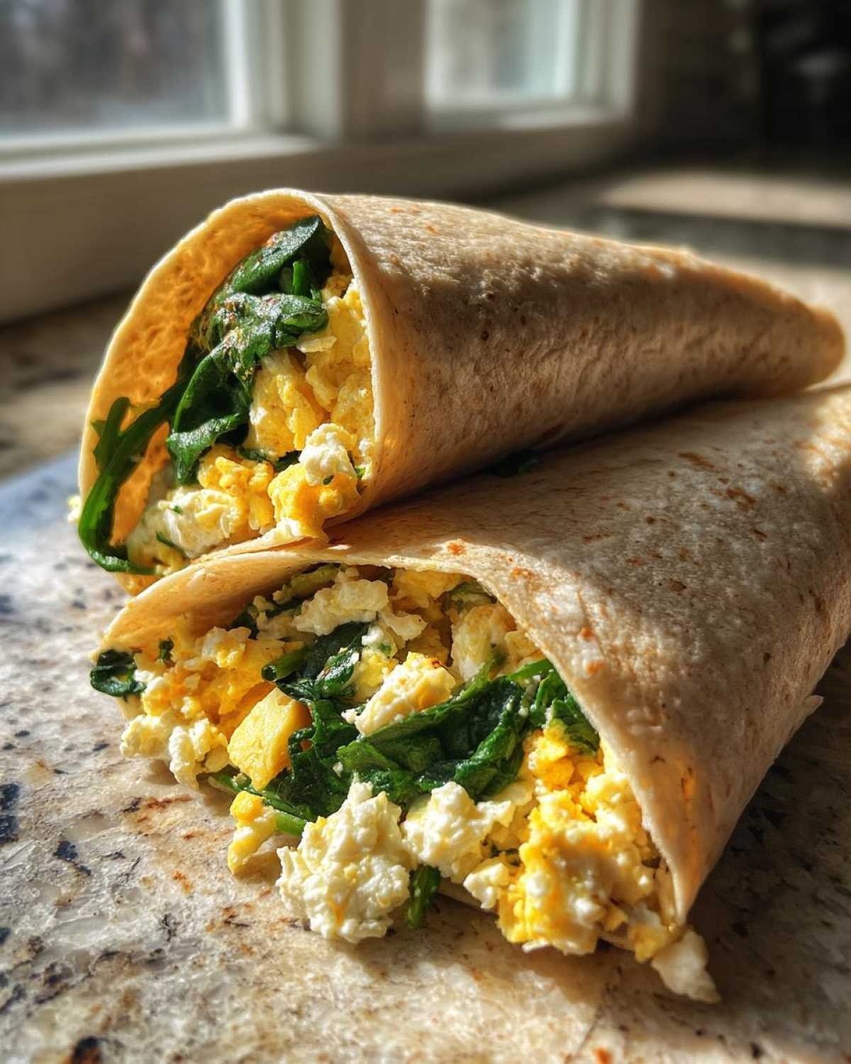 Two whole wheat tortillas filled with scrambled eggs, feta cheese, and spinach, making a delicious High-Protein Breakfast Wrap.