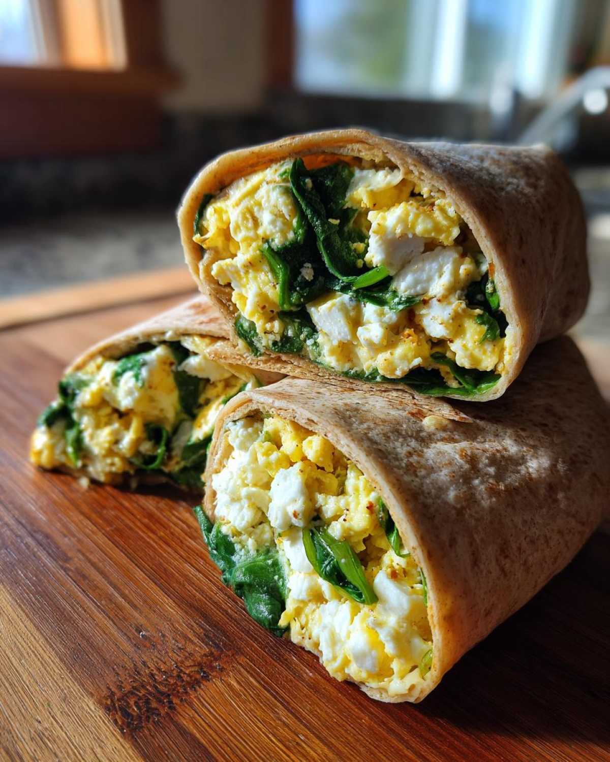 Two halves of a High-Protein Breakfast Wrap filled with scrambled eggs, feta cheese, and spinach, stacked on a wooden board.