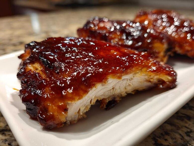 Close-up of a juicy piece of Honey BBQ Chicken, showing the thick, glossy glaze and white interior meat.