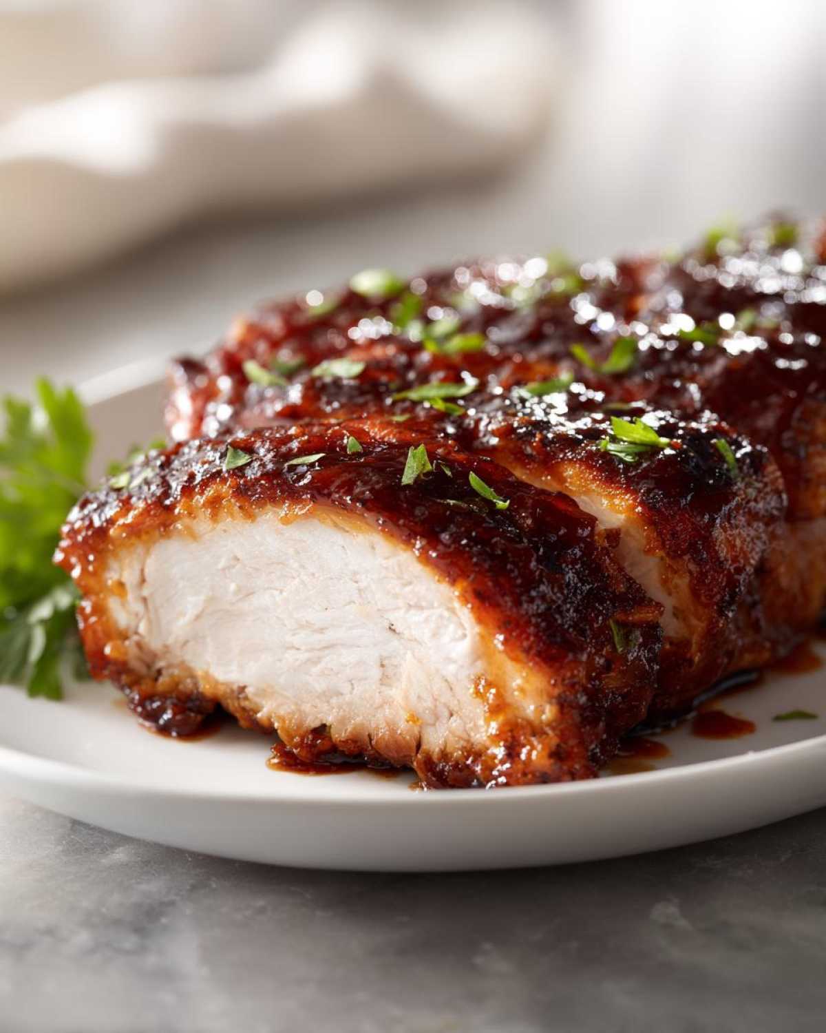 Close-up of sliced Honey BBQ Chicken breast, glistening with a rich, dark sauce and topped with fresh herbs.