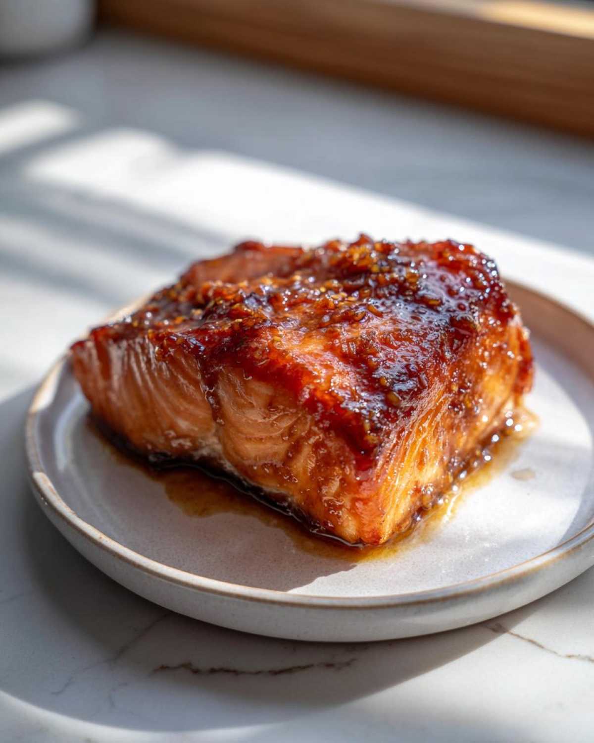 A perfectly cooked fillet of Honey Garlic Glazed Salmon, glistening with a thick, dark glaze, resting on a small ceramic plate.