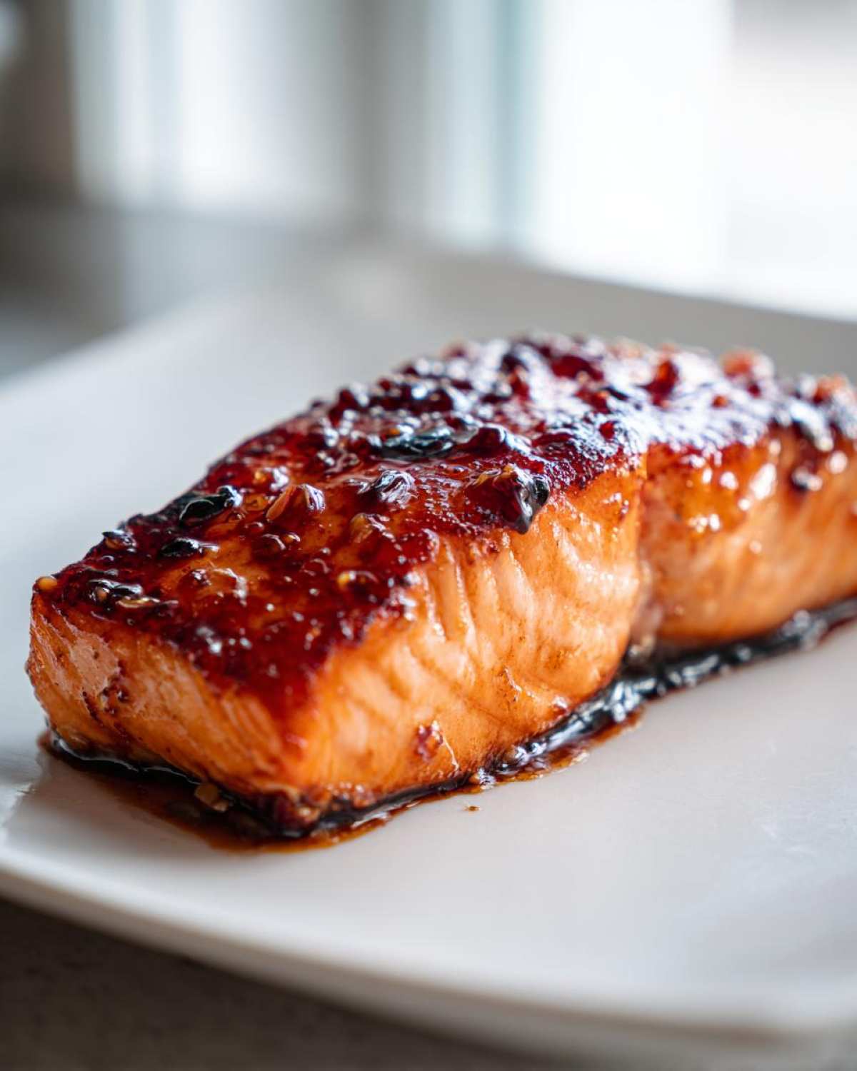 A perfectly cooked fillet of Honey Garlic Glazed Salmon with a thick, shiny, dark glaze on a white plate.