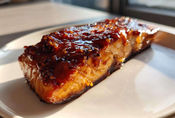 A close-up of a perfectly cooked salmon fillet covered in a thick, shiny Honey Garlic Glazed Salmon sauce with sesame seeds.