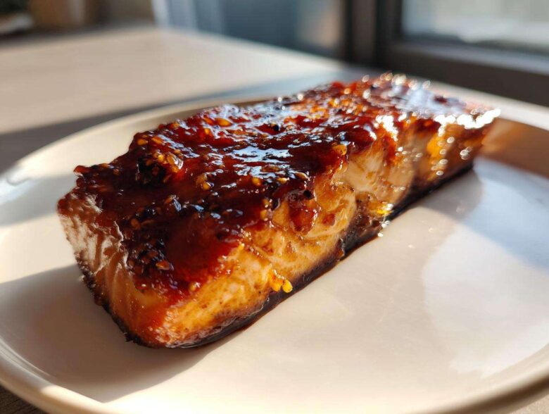 A close-up of a perfectly cooked salmon fillet covered in a thick, shiny Honey Garlic Glazed Salmon sauce with sesame seeds.
