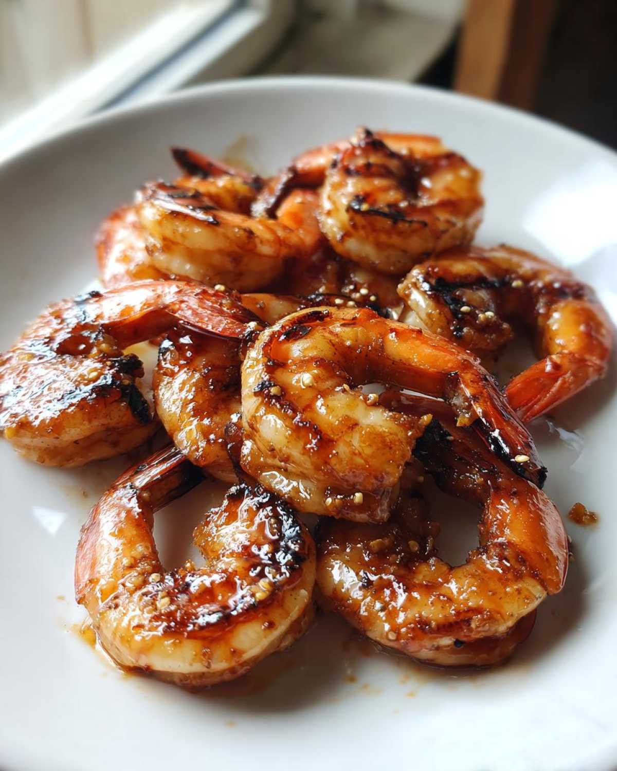 Close-up of perfectly cooked Honey Garlic Grilled Shrimp coated in a shiny glaze and resting on a white plate.