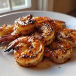 Close-up of perfectly cooked Honey Garlic Grilled Shrimp glistening with glaze on a white plate.