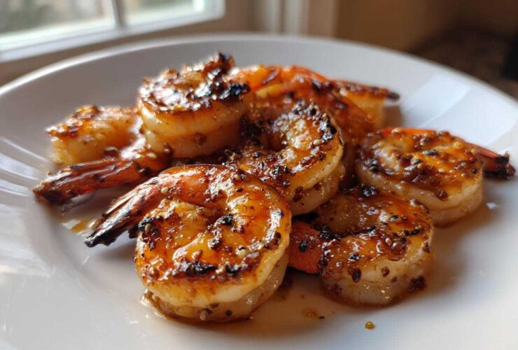 Close-up of perfectly cooked Honey Garlic Grilled Shrimp glistening with glaze on a white plate.