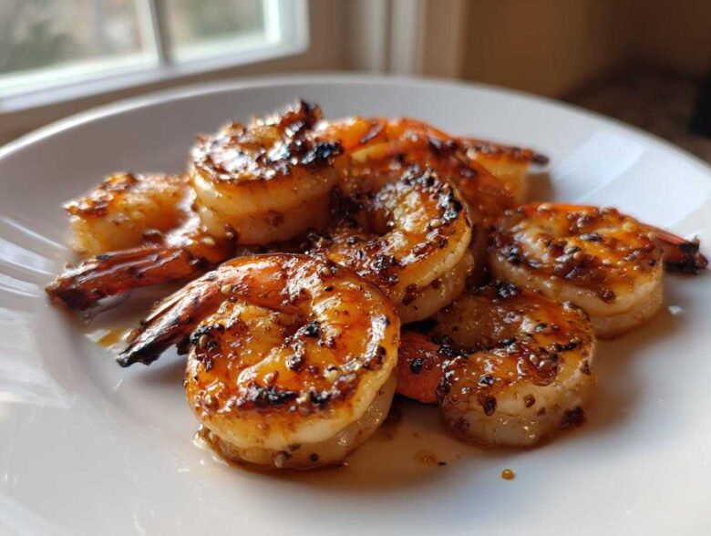 Close-up of perfectly cooked Honey Garlic Grilled Shrimp glistening with glaze on a white plate.