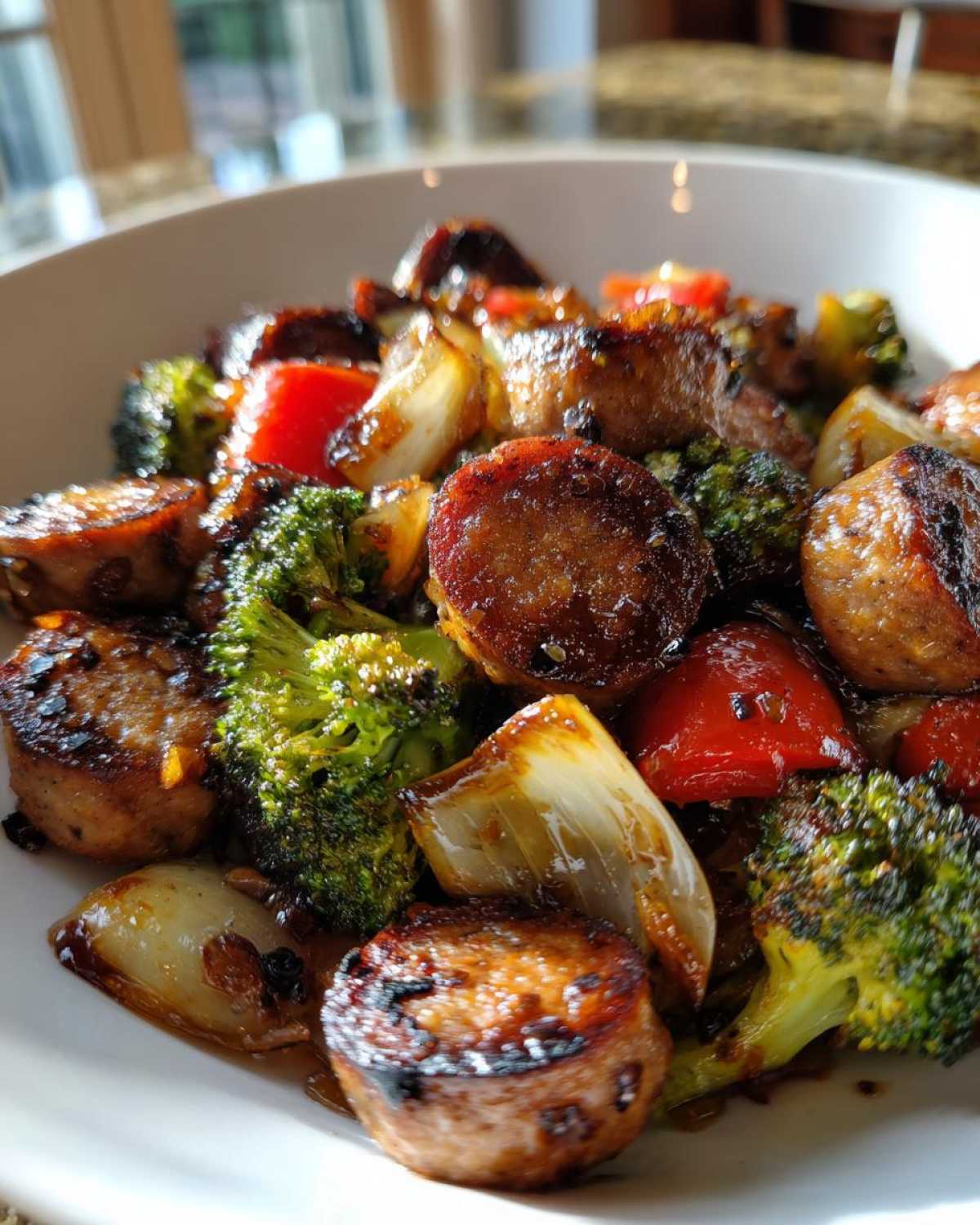 Close-up of pan-seared Honey Garlic Kielbasa & Veggies including broccoli, onions, and red peppers coated in glaze.