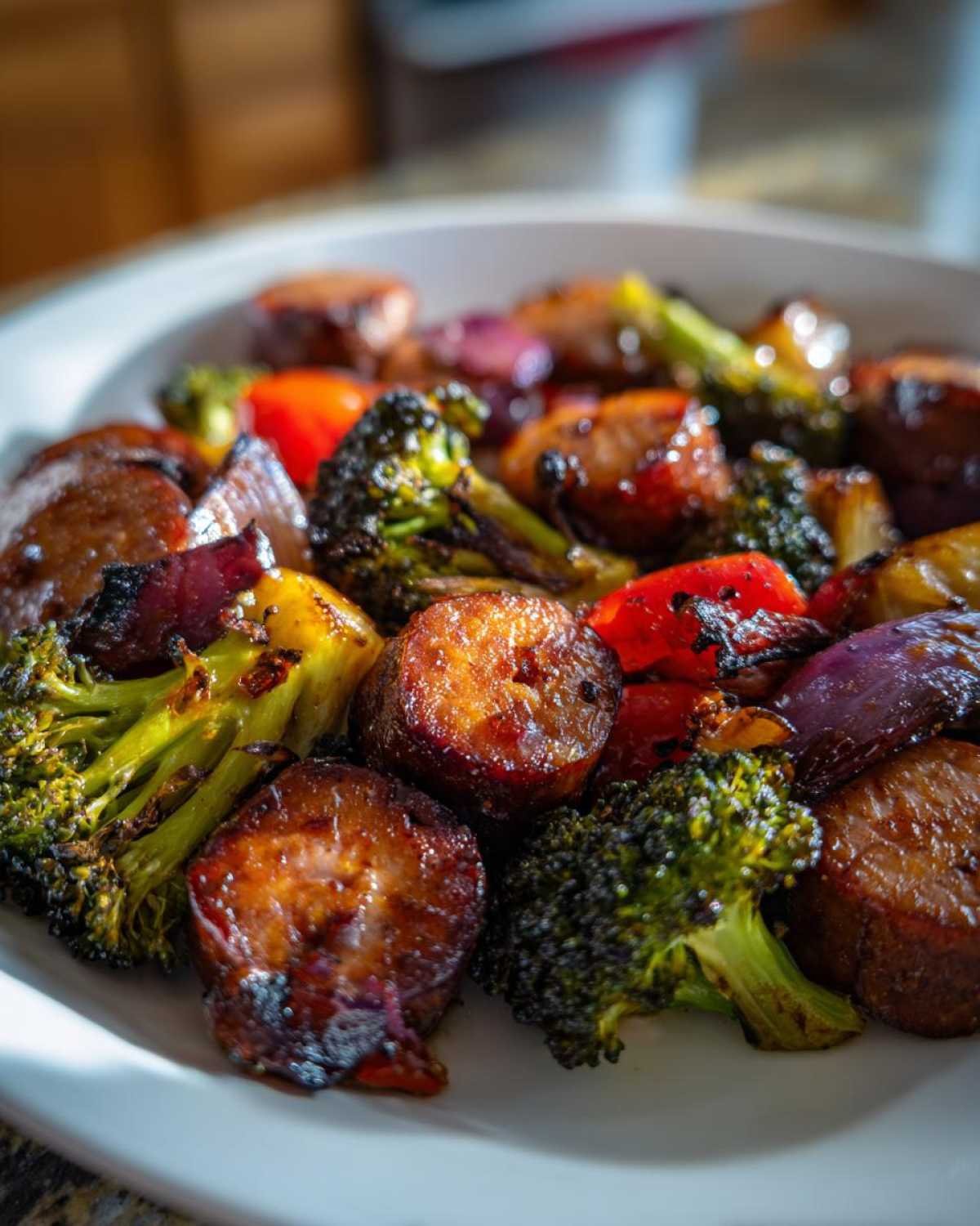 Close-up of glazed Honey Garlic Kielbasa & Veggies, featuring caramelized sausage slices, roasted broccoli, and red onion.