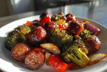 Close-up of glossy, glazed Honey Garlic Kielbasa & Veggies, including roasted broccoli, red peppers, and onions on a white plate.