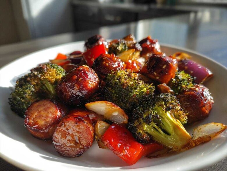 Close-up of glossy, glazed Honey Garlic Kielbasa & Veggies, including roasted broccoli, red peppers, and onions on a white plate.