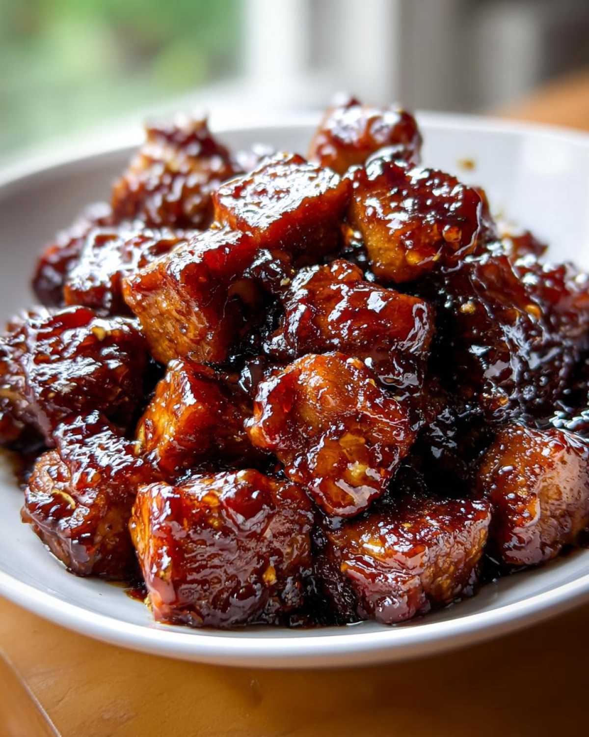 Close-up of glistening Honey Garlic Salmon Bites piled high in a white bowl, coated in a thick, dark glaze.