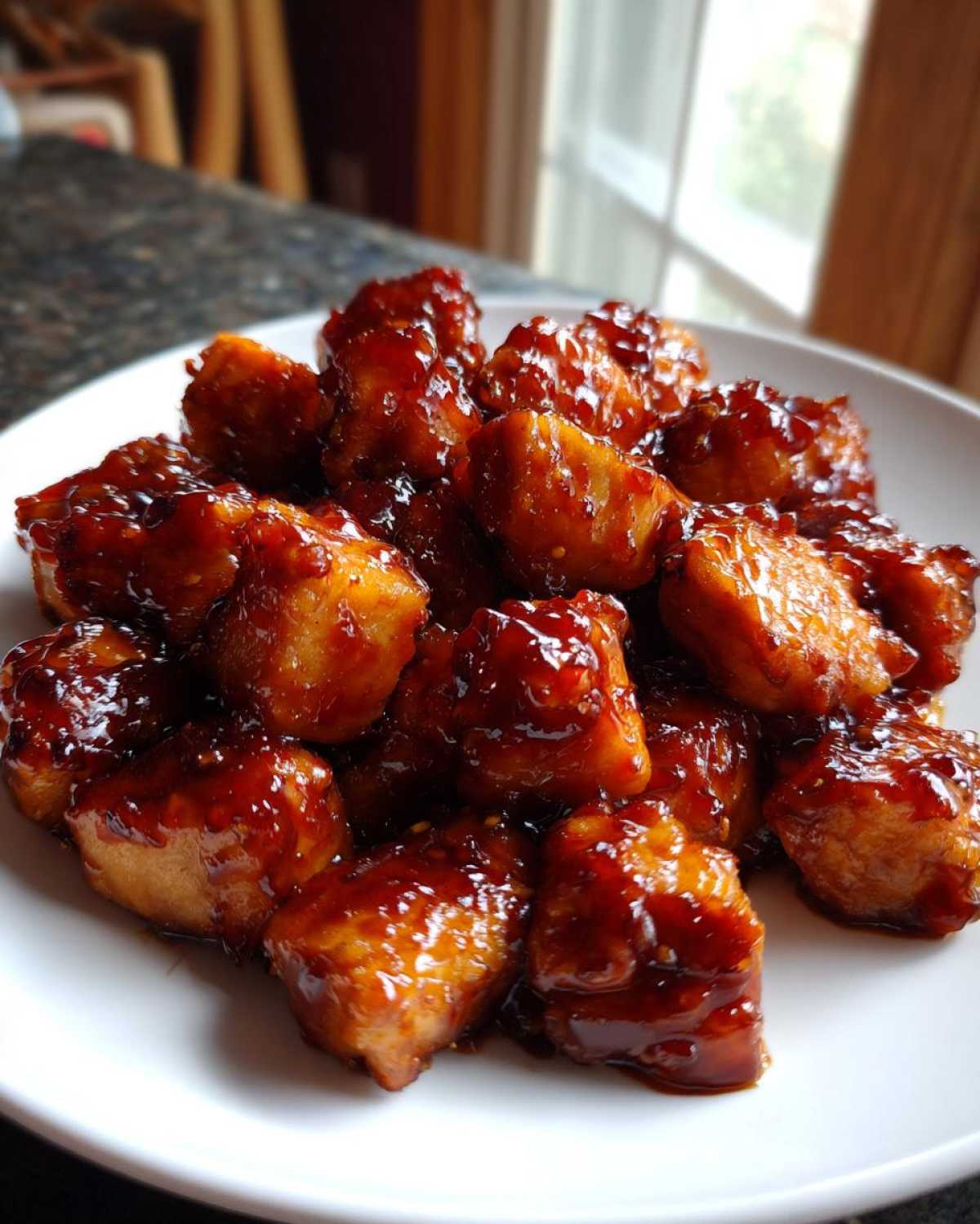A plate piled high with glistening Honey Garlic Salmon Bites coated in a thick, dark glaze.