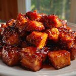 Close-up of glistening, glazed Honey Garlic Salmon Bites piled high on a white plate, sprinkled with sesame seeds.